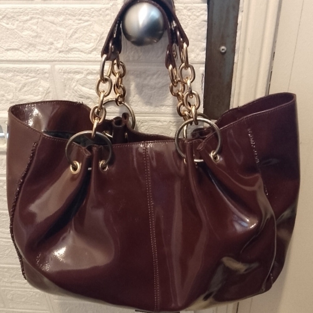BCBGMaxAzria Glossy Brown Tote with Gold Chain